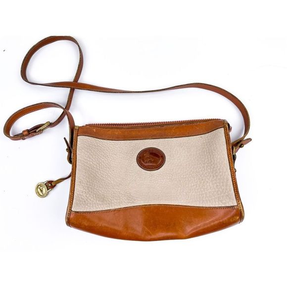 Dooney and Bourke Vintage Ivory and Tan Leather Crossbody Bag - Picture 1 of 12